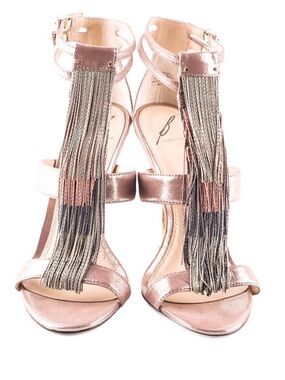 Brian Atwood Rose Gold Fringe T-Strap Heeled Sandals